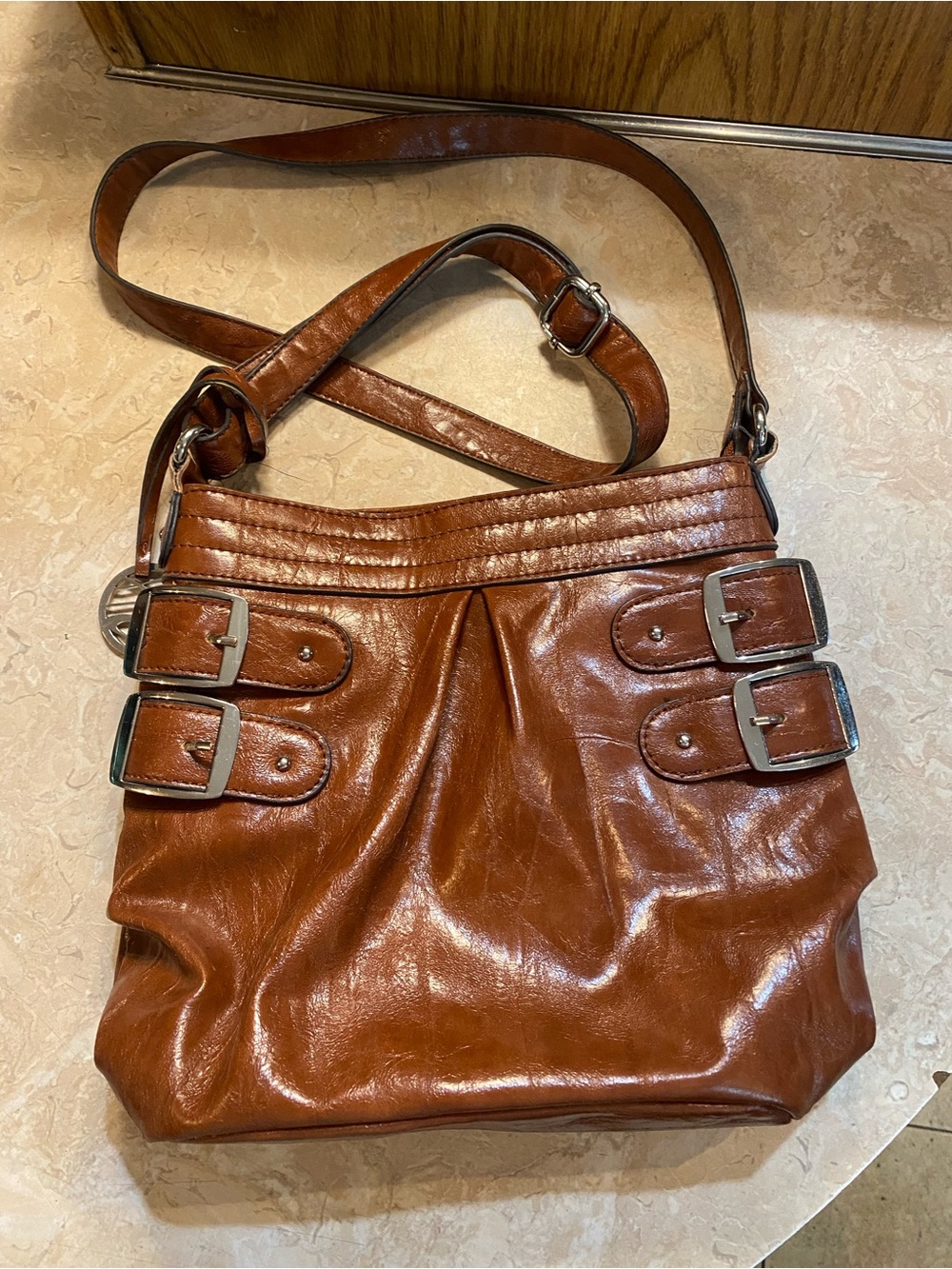 Style & Co. Brown Leather Shoulder Bag with Buckle Accents